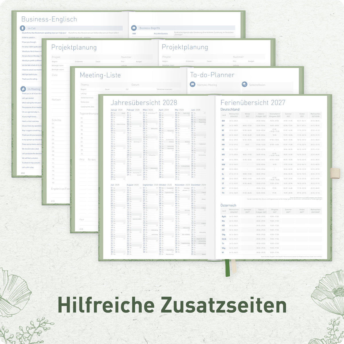 Zusatzseiten von Häfft Business-Timer Deluxe Kalender 2027 A5 im Motiv „Green Poppy“.