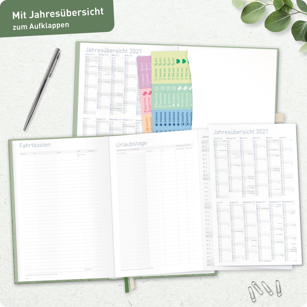 Planungsübersicht von Häfft Business-Timer Deluxe Kalender 2027 A5 im Motiv „Green Poppy“.