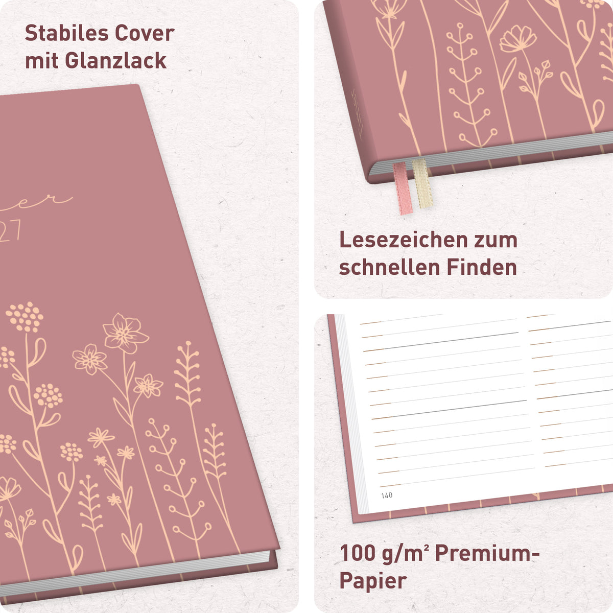 Einband & Ausstattung von Häfft Chäff-Timer Classic 2027 A5 Terminkalender im Motiv „Fine Flowers rosé“.