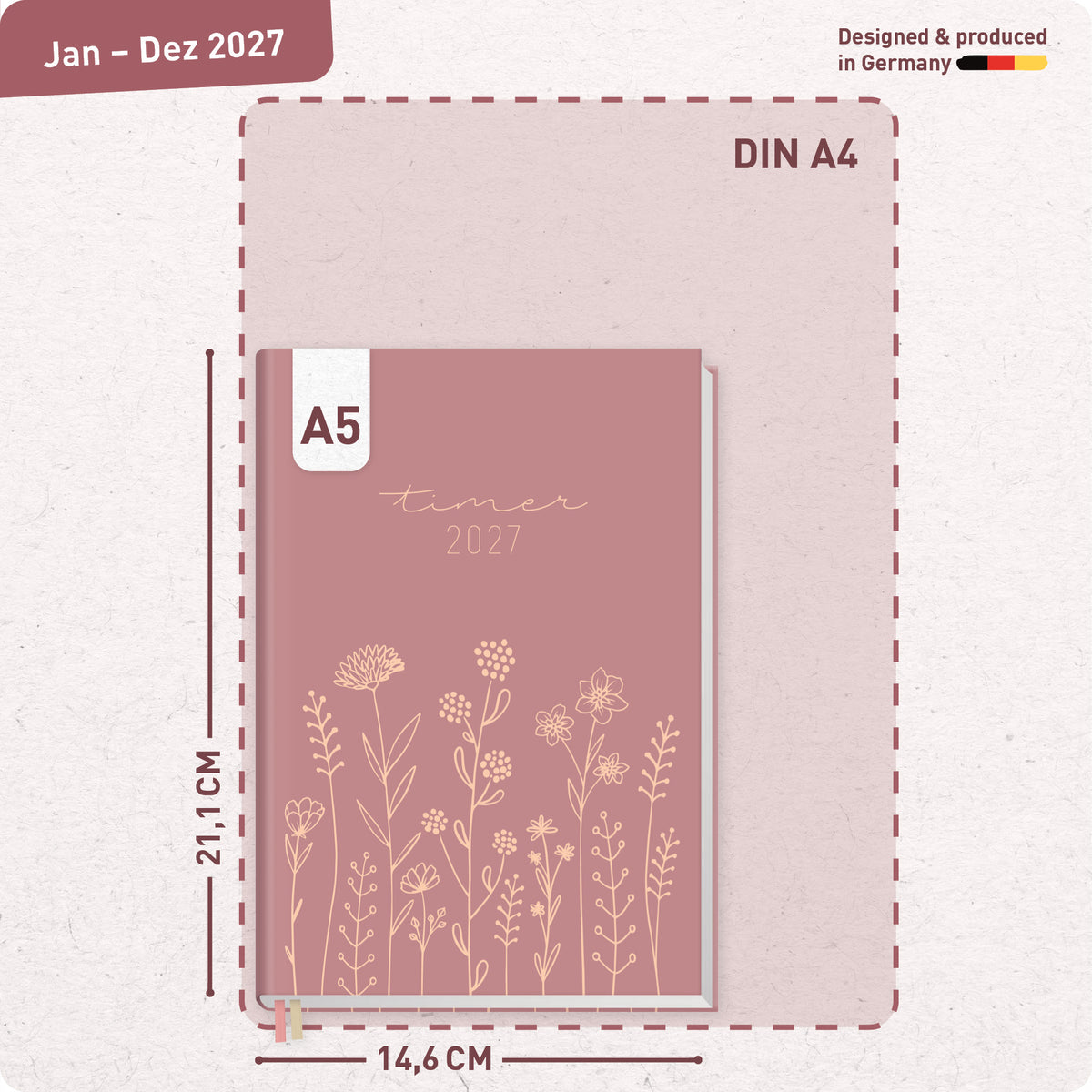 Format- und Größenansicht von Häfft Chäff-Timer Classic 2027 A5 Terminkalender im Motiv „Fine Flowers rosé“.