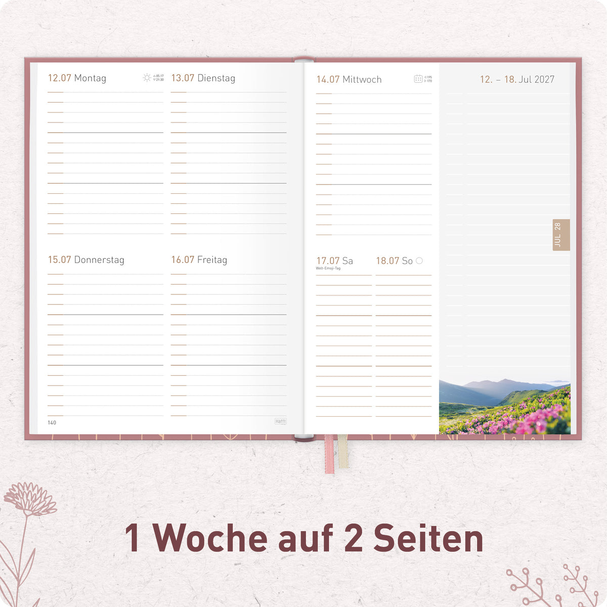 Innenansicht von Häfft Chäff-Timer Classic 2027 A5 Terminkalender im Motiv „Fine Flowers rosé“ mit einer Woche auf zwei Seiten.