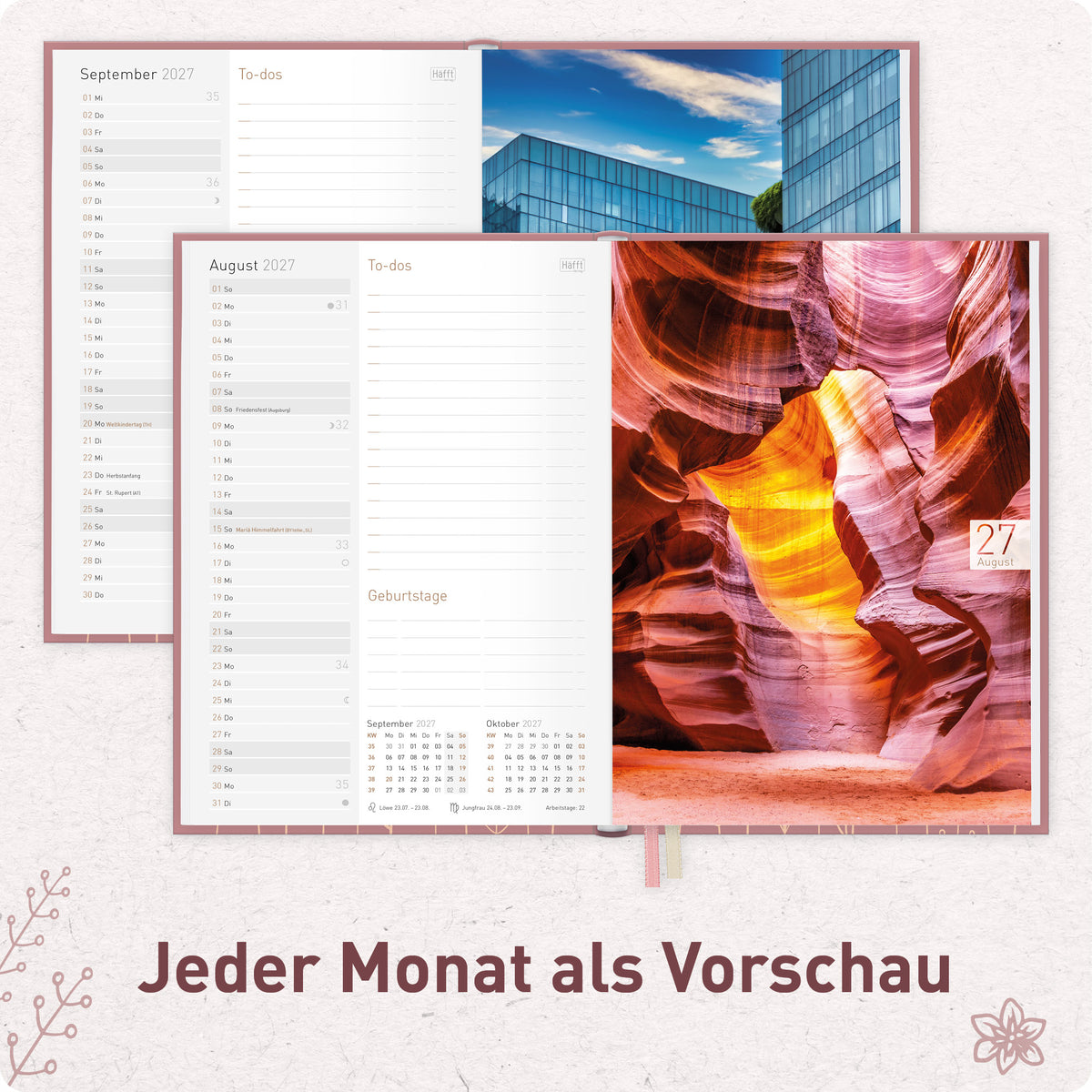 Innenansicht von Häfft Chäff-Timer Classic 2027 A5 Terminkalender im Motiv „Fine Flowers rosé“ mit Monatsübersicht.