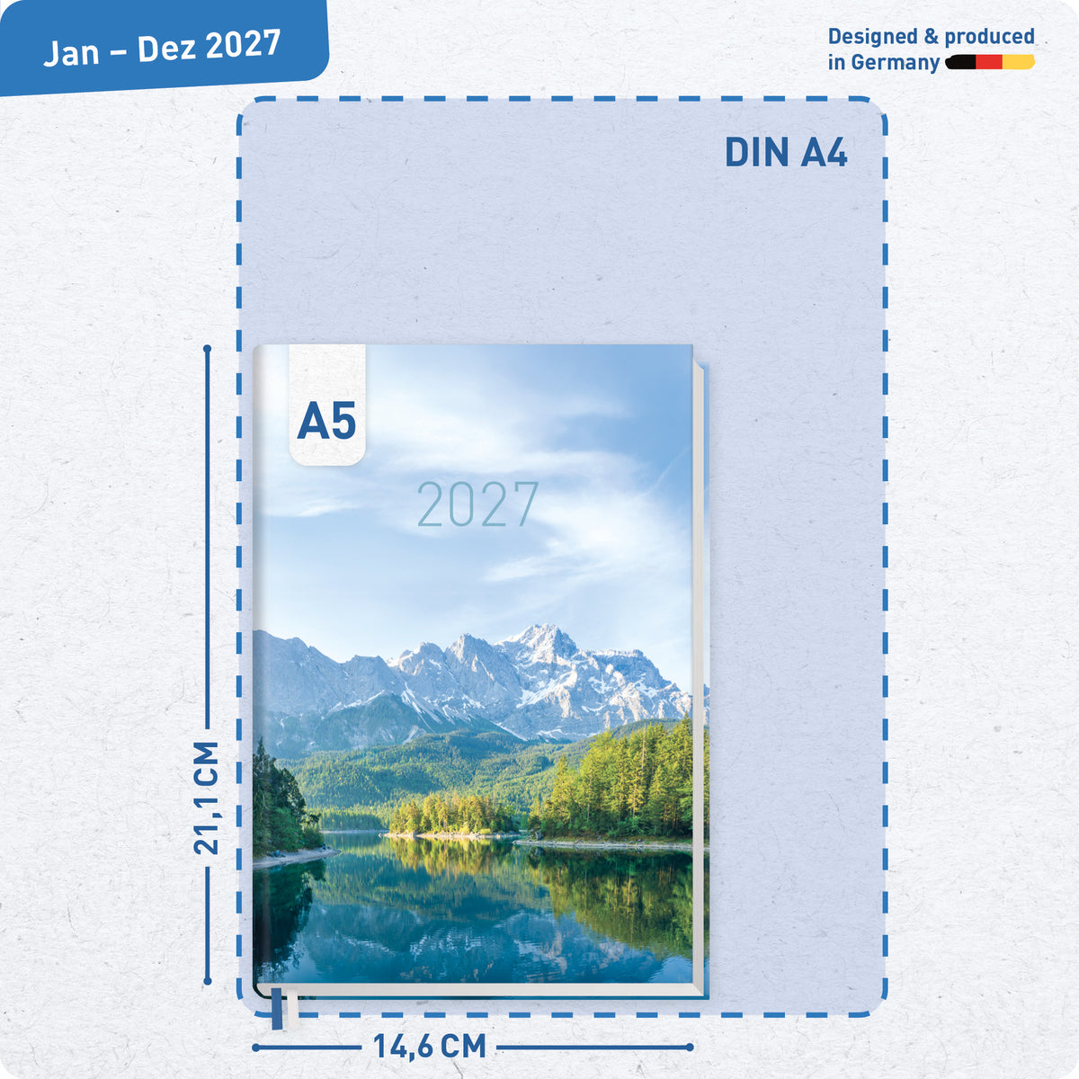 Format- und Größenansicht von Häfft Chäff-Timer Classic 2027 A5 Terminkalender im Motiv „Wanderlust“.