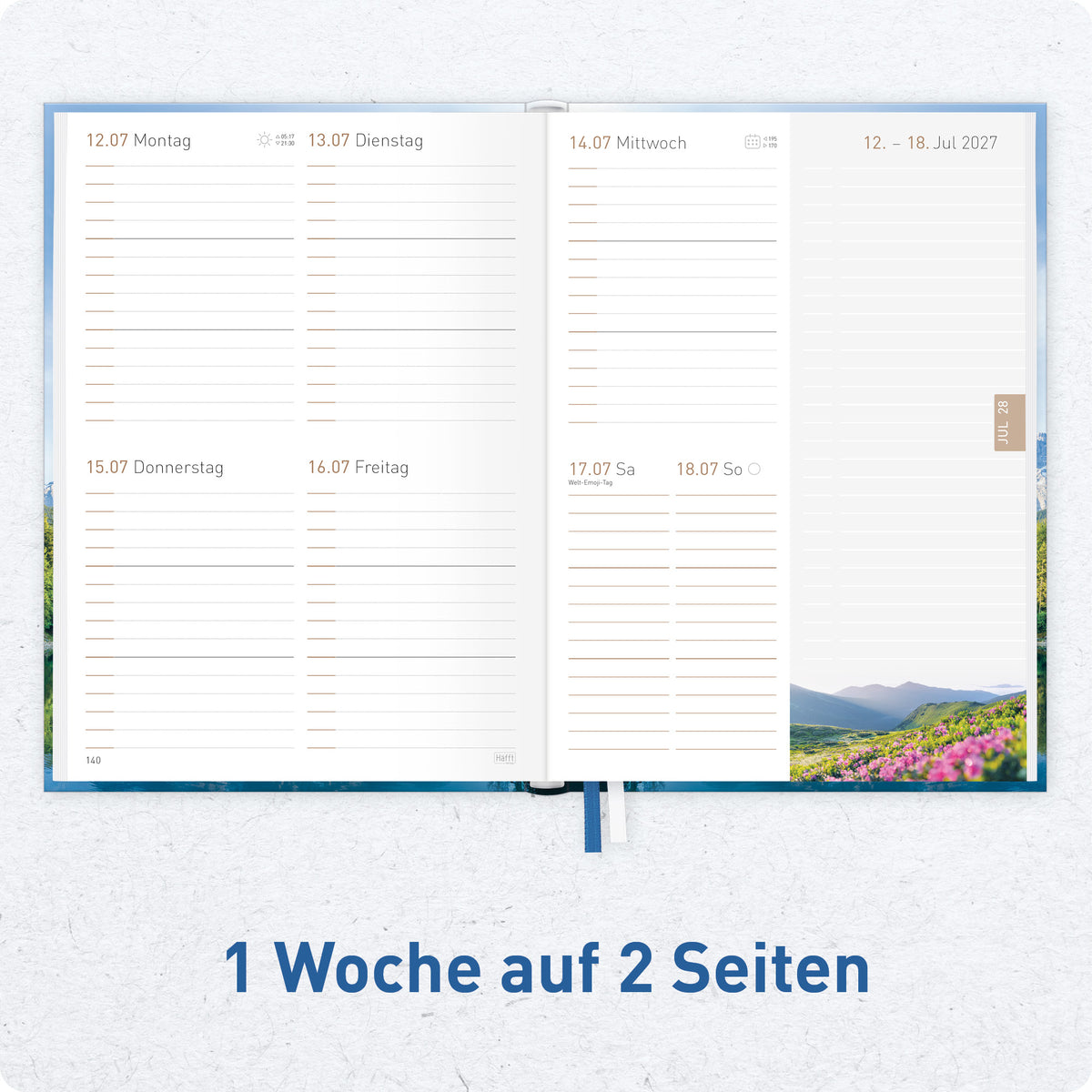 Innenansicht von Häfft Chäff-Timer Classic 2027 A5 Terminkalender im Motiv „Wanderlust“ mit einer Woche auf zwei Seiten.