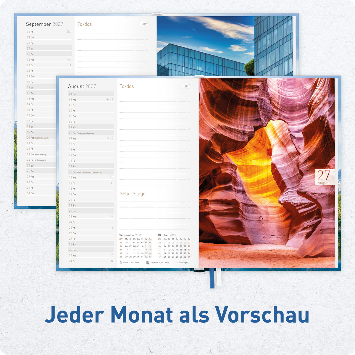 Innenansicht von Häfft Chäff-Timer Classic 2027 A5 Terminkalender im Motiv „Wanderlust“ mit Monatsübersicht.