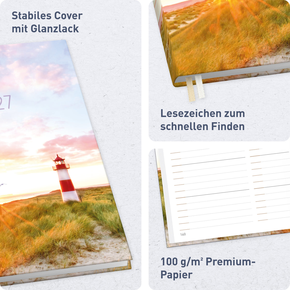 Einband & Ausstattung von Häfft Chäff-Timer Classic 2027 A5 Terminkalender im Motiv „Leuchtturm“.