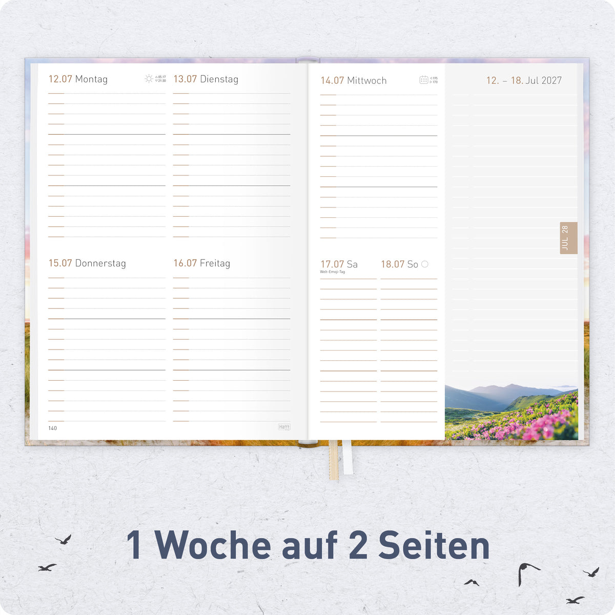 Innenansicht von Häfft Chäff-Timer Classic 2027 A5 Terminkalender im Motiv „Leuchtturm“ mit einer Woche auf zwei Seiten.