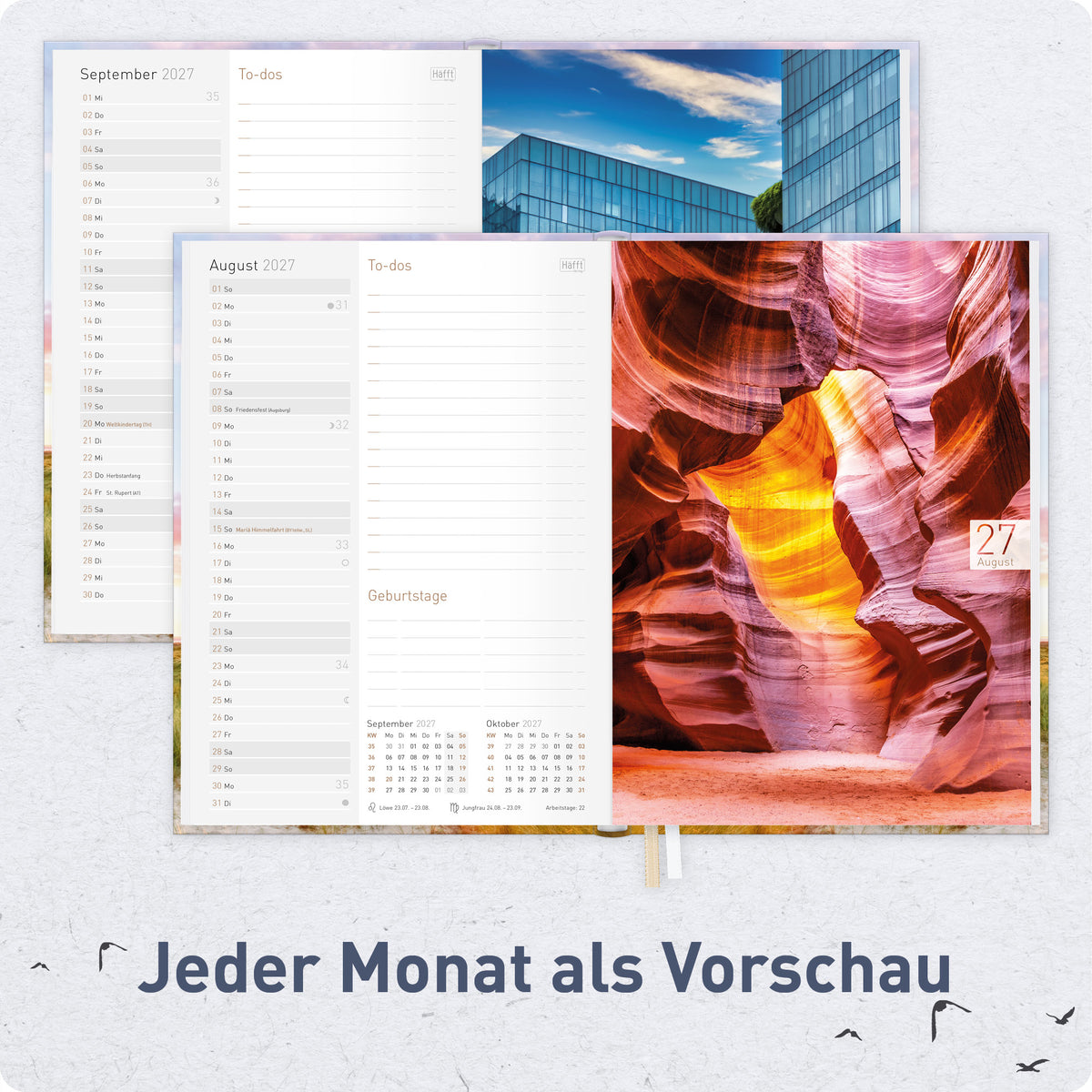 Innenansicht von Häfft Chäff-Timer Classic 2027 A5 Terminkalender im Motiv „Leuchtturm“ mit Monatsübersicht.