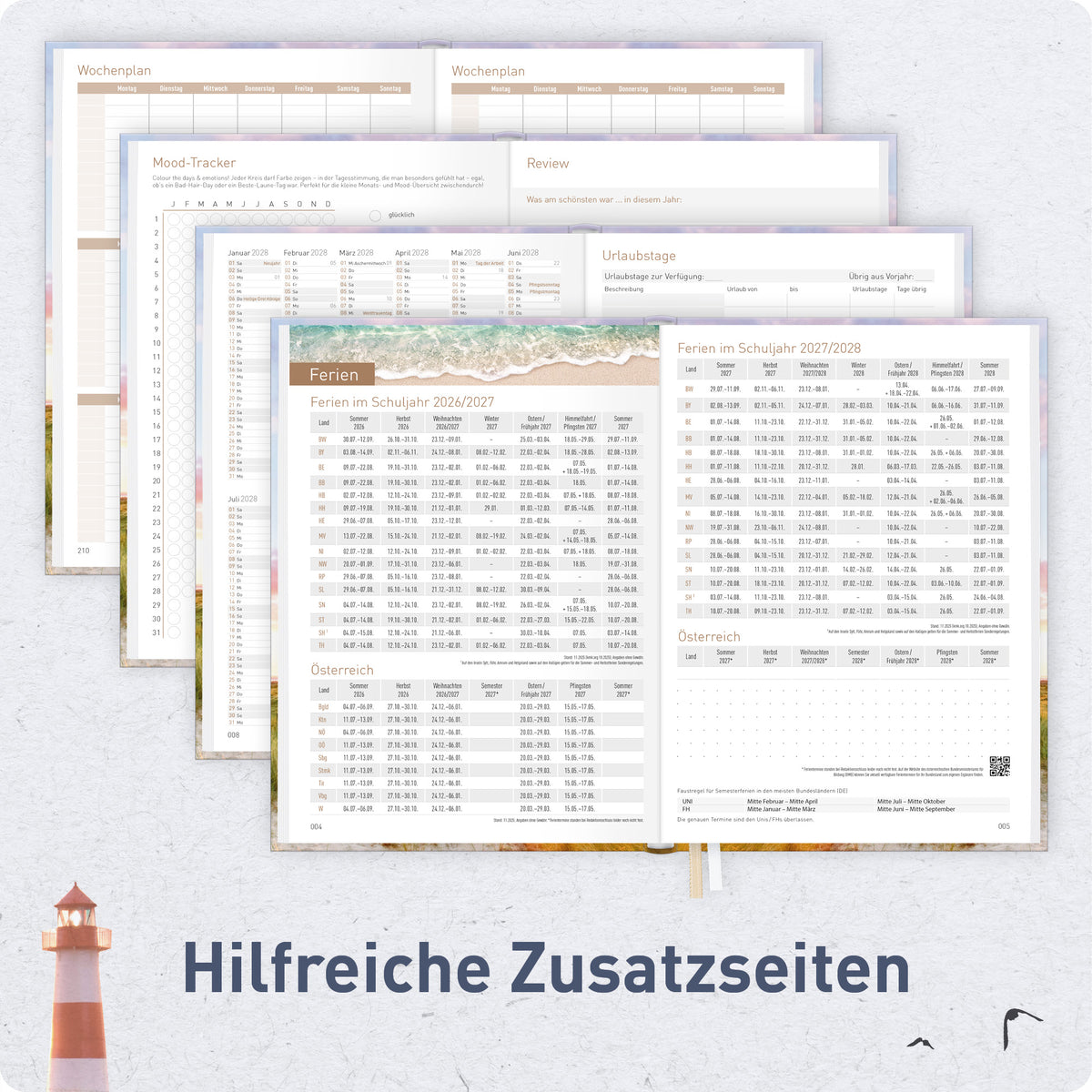 Zusatzseiten von Häfft Chäff-Timer Classic 2027 A5 Terminkalender im Motiv „Leuchtturm“.