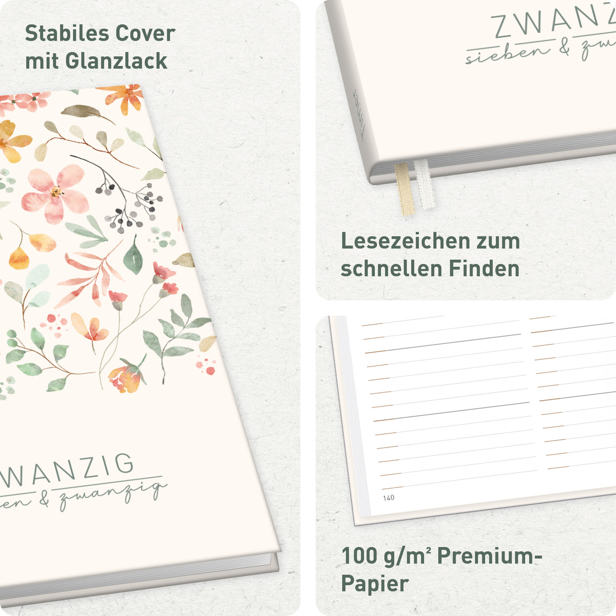 Einband & Ausstattung von Häfft Chäff-Timer Classic 2027 A5 Terminkalender im Motiv „Wild Blossoms“.