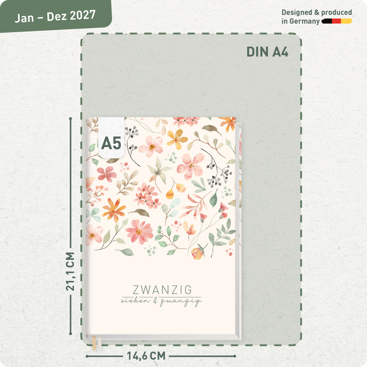 Format- und Größenansicht von Häfft Chäff-Timer Classic 2027 A5 Terminkalender im Motiv „Wild Blossoms“.