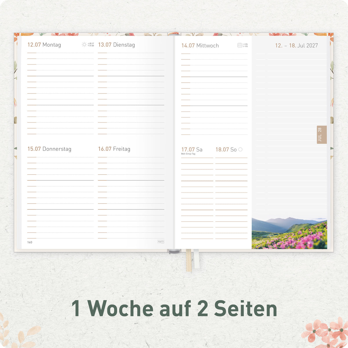 Innenansicht von Häfft Chäff-Timer Classic 2027 A5 Terminkalender im Motiv „Wild Blossoms“ mit einer Woche auf zwei Seiten.