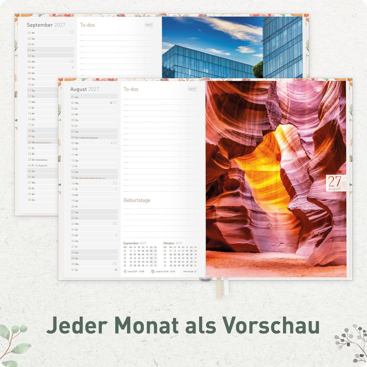 Innenansicht von Häfft Chäff-Timer Classic 2027 A5 Terminkalender im Motiv „Wild Blossoms“ mit Monatsübersicht.