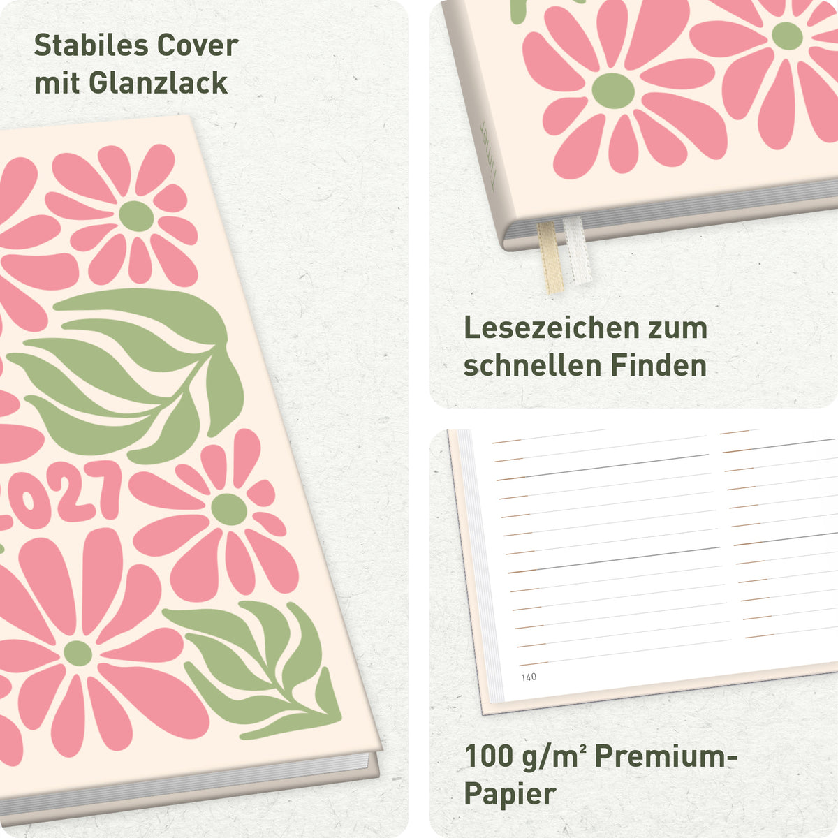 Einband & Ausstattung von Häfft Chäff-Timer Classic 2027 A5 Terminkalender im Motiv „Flower Power pink“.