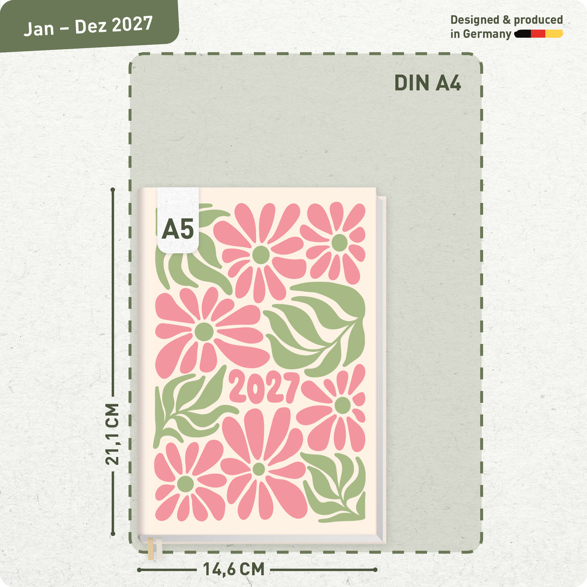 Format- und Größenansicht von Häfft Chäff-Timer Classic 2027 A5 Terminkalender im Motiv „Flower Power pink“.