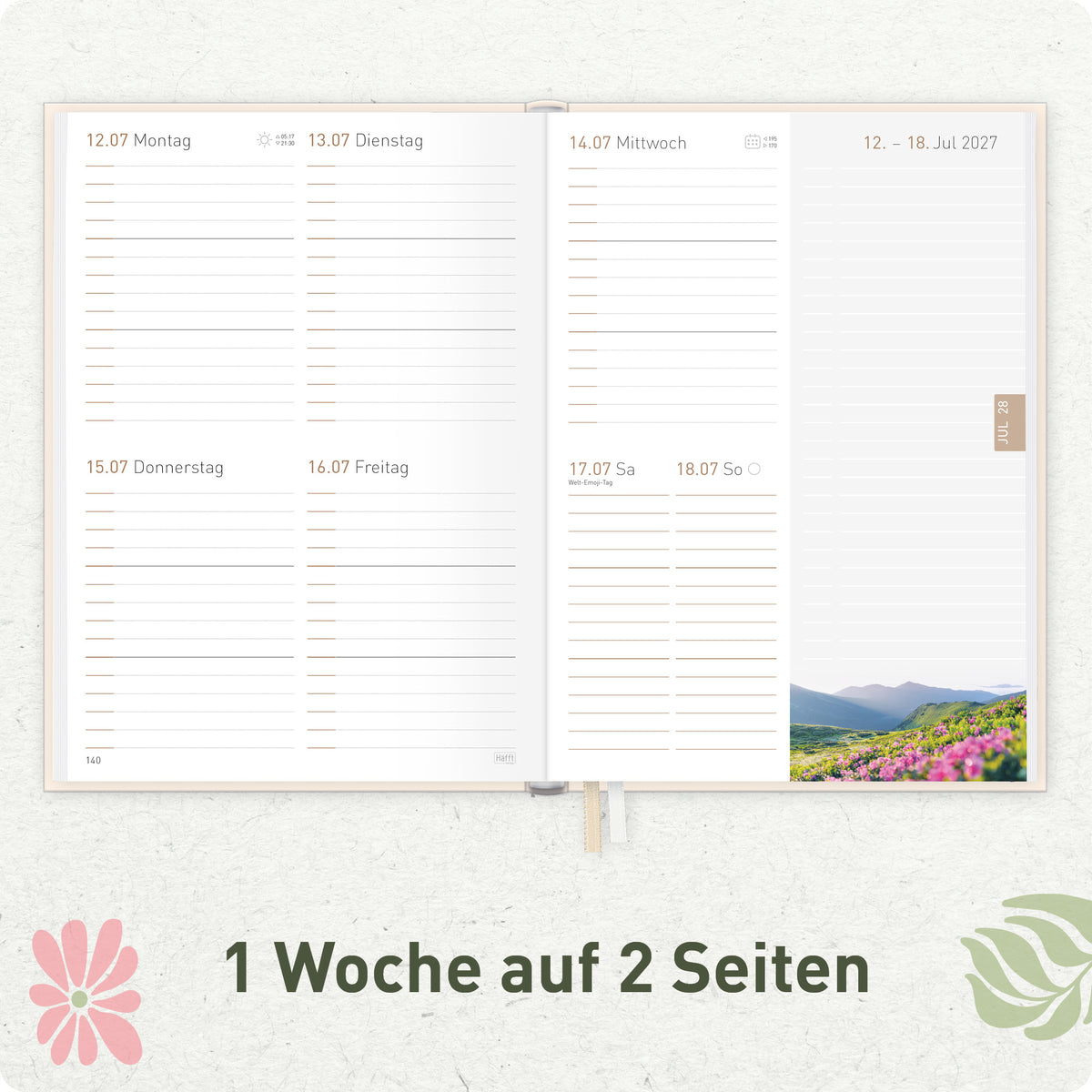 Innenansicht von Häfft Chäff-Timer Classic 2027 A5 Terminkalender im Motiv „Flower Power pink“ mit einer Woche auf zwei Seiten.