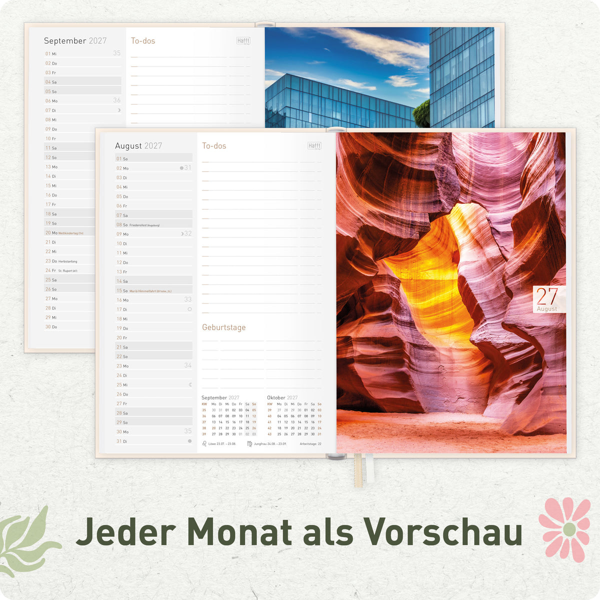 Innenansicht von Häfft Chäff-Timer Classic 2027 A5 Terminkalender im Motiv „Flower Power pink“ mit Monatsübersicht.