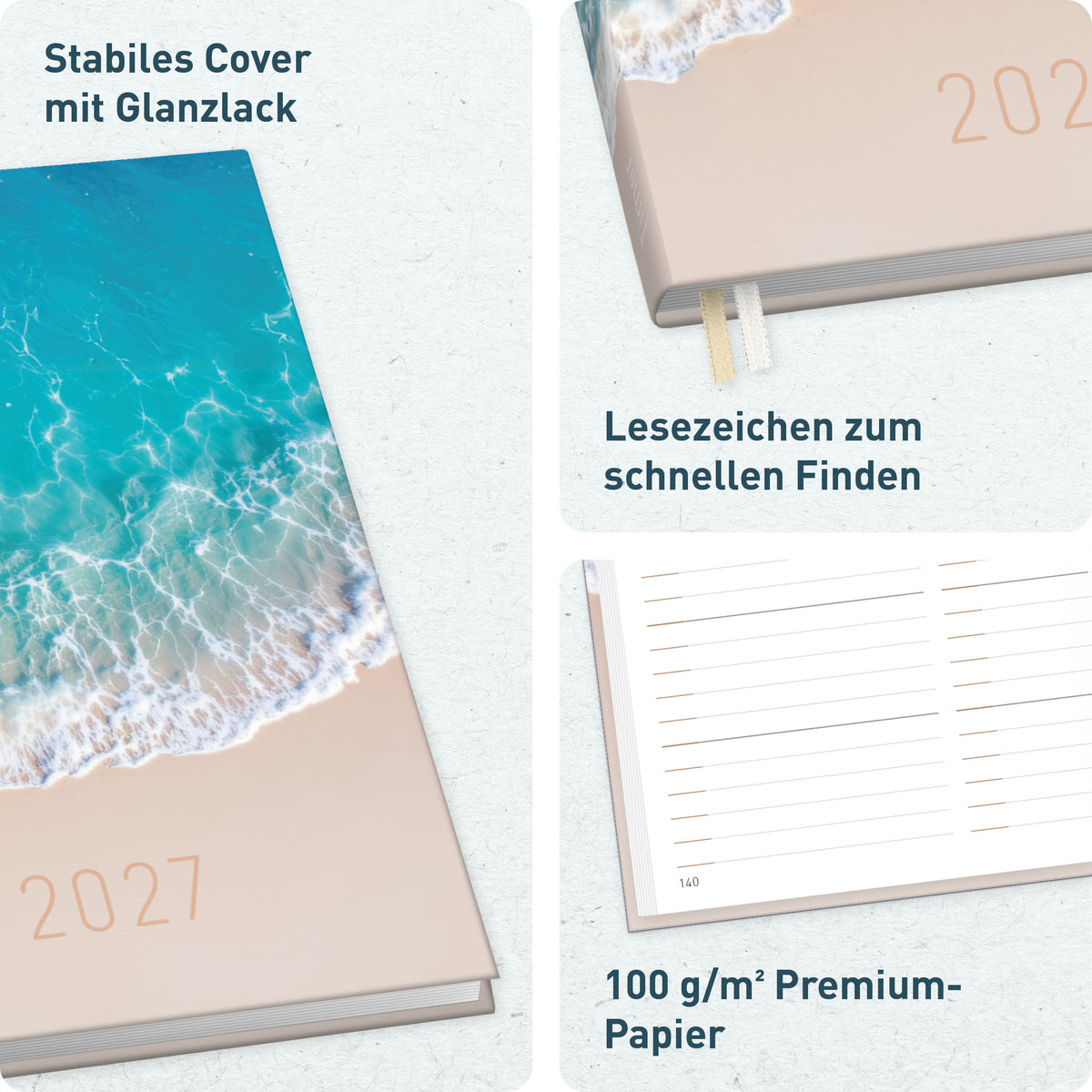 Einband & Ausstattung von Häfft Chäff-Timer Classic 2027 A5 Terminkalender im Motiv „Summer Beach“.