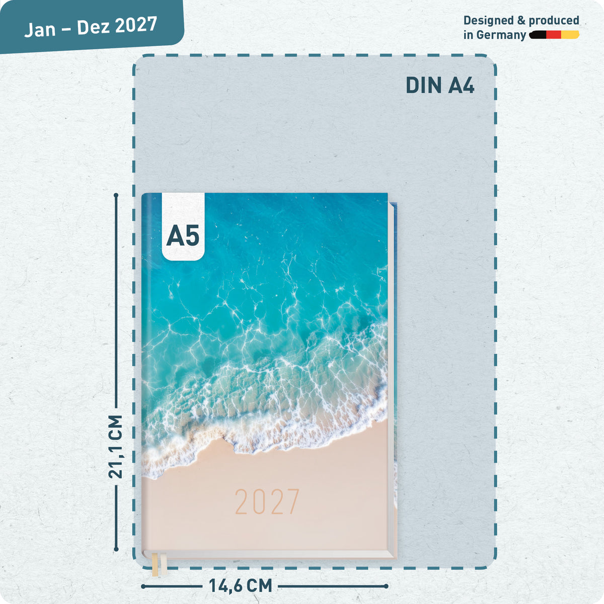 Format- und Größenansicht von Häfft Chäff-Timer Classic 2027 A5 Terminkalender im Motiv „Summer Beach“.