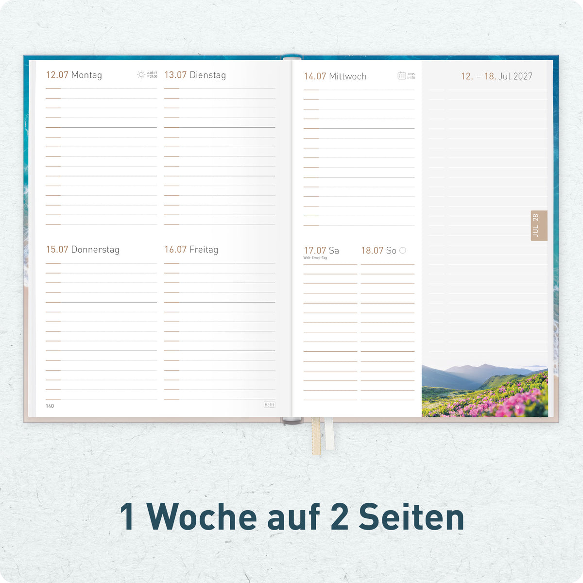 Innenansicht von Häfft Chäff-Timer Classic 2027 A5 Terminkalender im Motiv „Summer Beach“ mit einer Woche auf zwei Seiten.