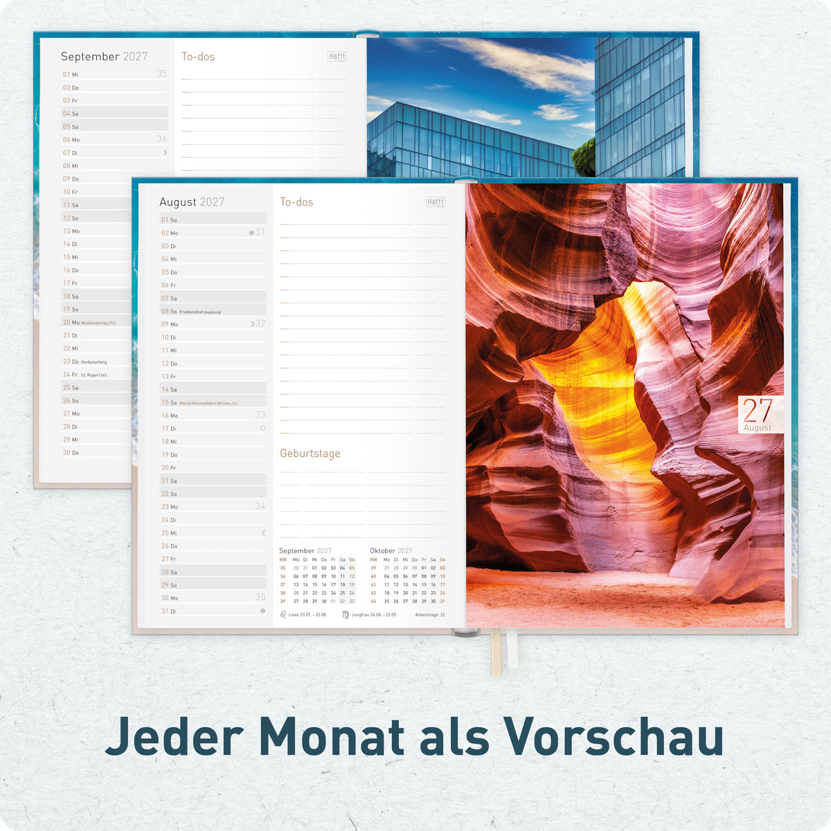 Innenansicht von Häfft Chäff-Timer Classic 2027 A5 Terminkalender im Motiv „Summer Beach“ mit Monatsübersicht.