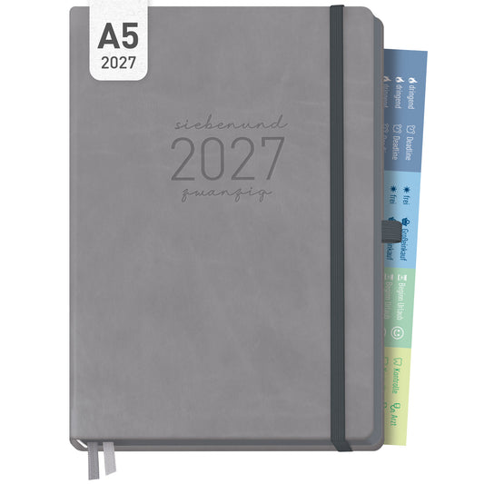 Coveransicht von Häfft Chäff-Timer Deluxe Kalender 2027 A5 Wochenplaner im Motiv „Grey Edition“.