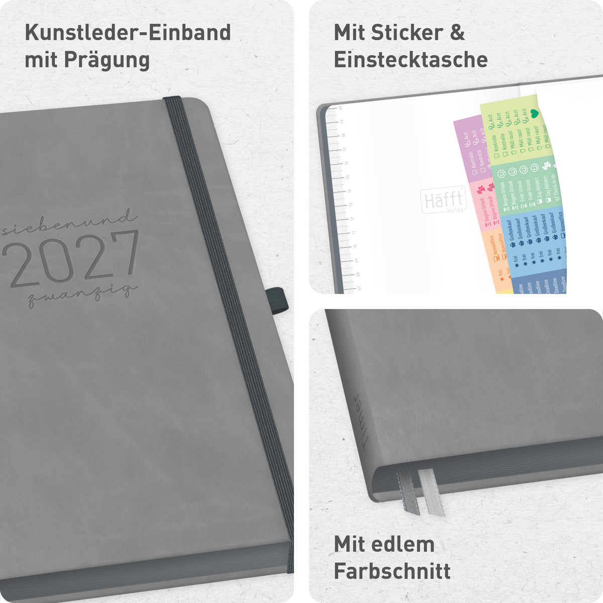 Deluxe-Einband & Ausstattung von Häfft Chäff-Timer Deluxe Kalender 2027 A5 Wochenplaner im Motiv „Grey Edition“.
