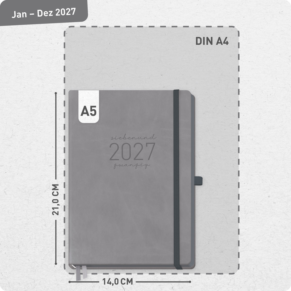 Format- und Größenansicht von Häfft Chäff-Timer Deluxe Kalender 2027 A5 Wochenplaner im Motiv „Grey Edition“.