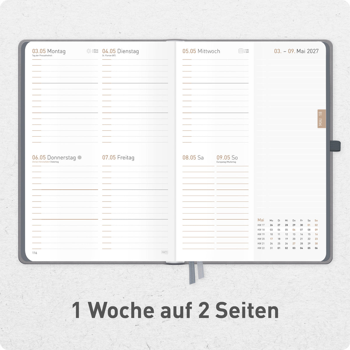 Innenansicht von Häfft Chäff-Timer Deluxe Kalender 2027 A5 Wochenplaner im Motiv „Grey Edition“ mit einer Woche auf zwei Seiten.