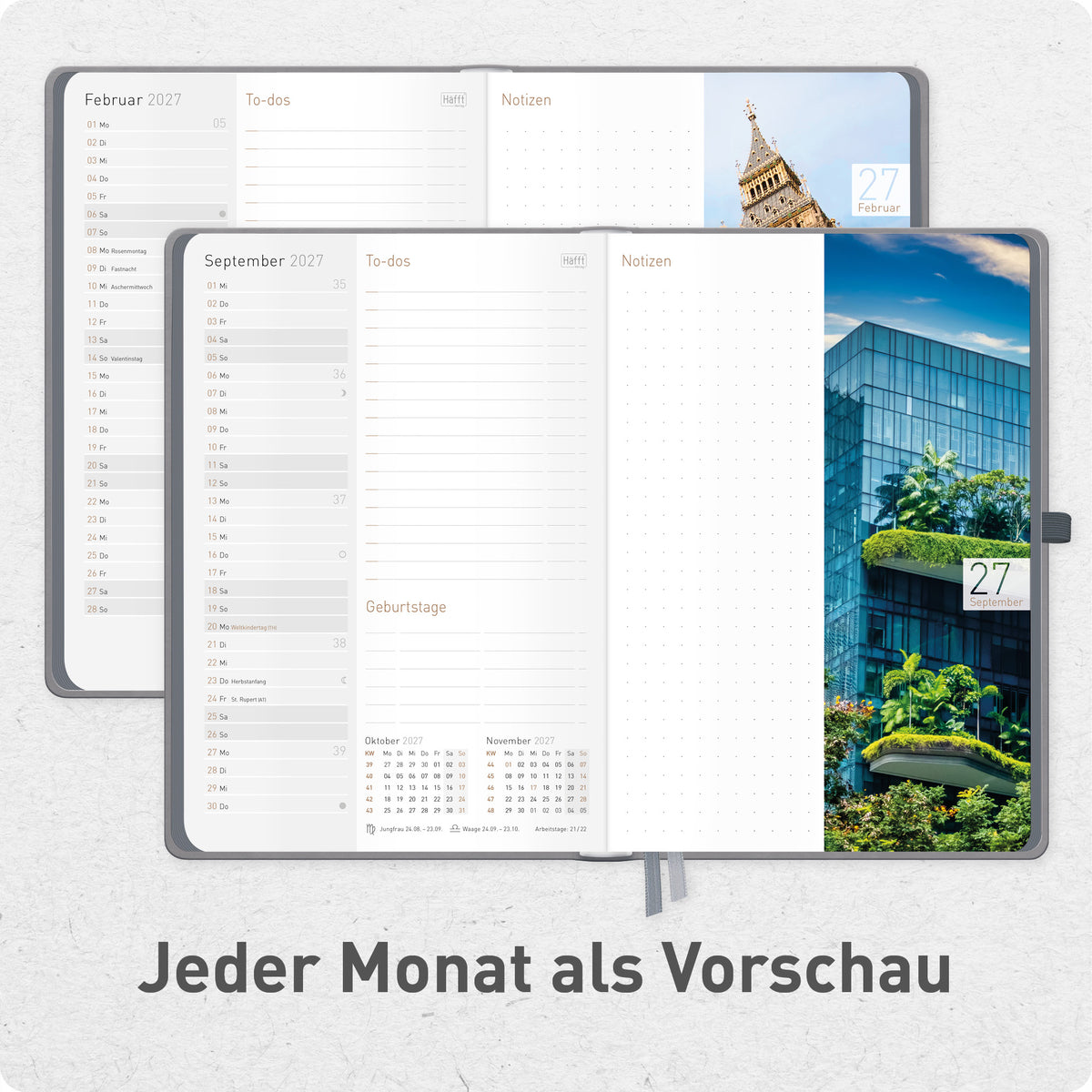 Innenansicht von Häfft Chäff-Timer Deluxe Kalender 2027 A5 Wochenplaner im Motiv „Grey Edition“ mit Monatsübersicht.