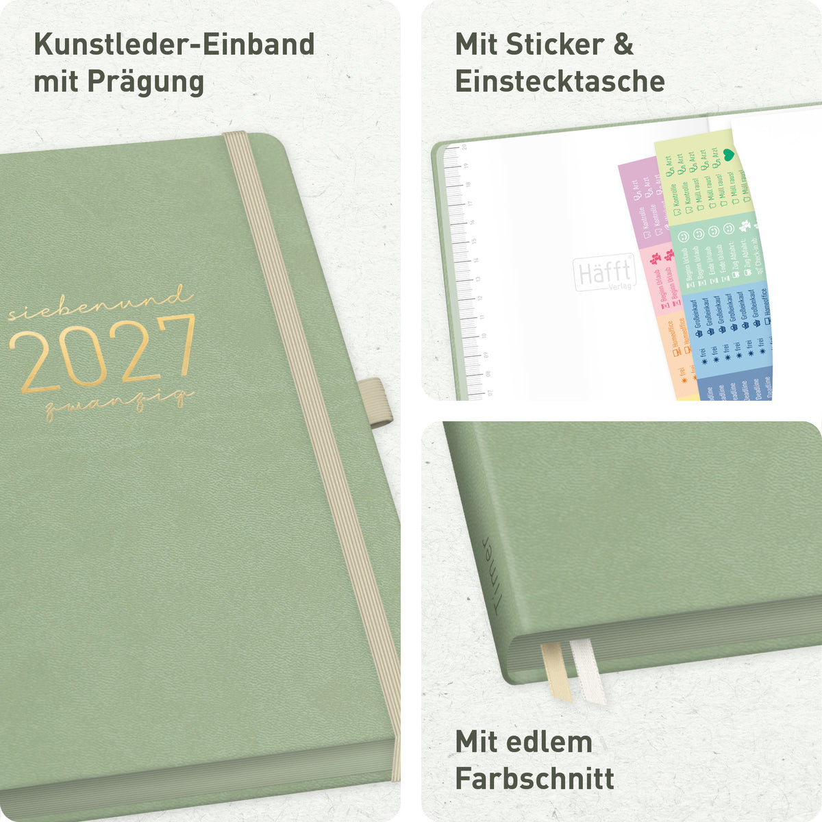 Deluxe-Einband & Ausstattung von Häfft Chäff-Timer Deluxe Kalender 2027 A5 Wochenplaner im Motiv „Salbei“.