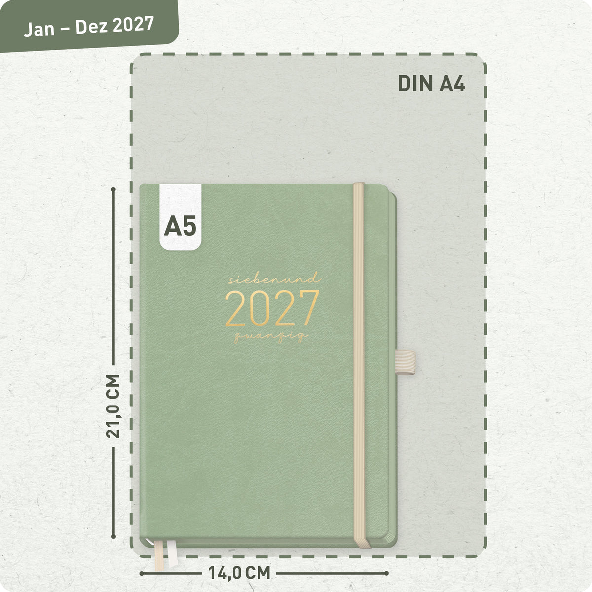 Format- und Größenansicht von Häfft Chäff-Timer Deluxe Kalender 2027 A5 Wochenplaner im Motiv „Salbei“.