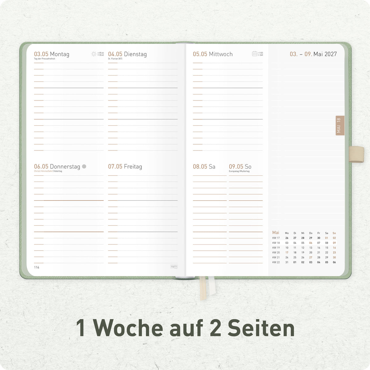 Innenansicht von Häfft Chäff-Timer Deluxe Kalender 2027 A5 Wochenplaner im Motiv „Salbei“ mit einer Woche auf zwei Seiten.