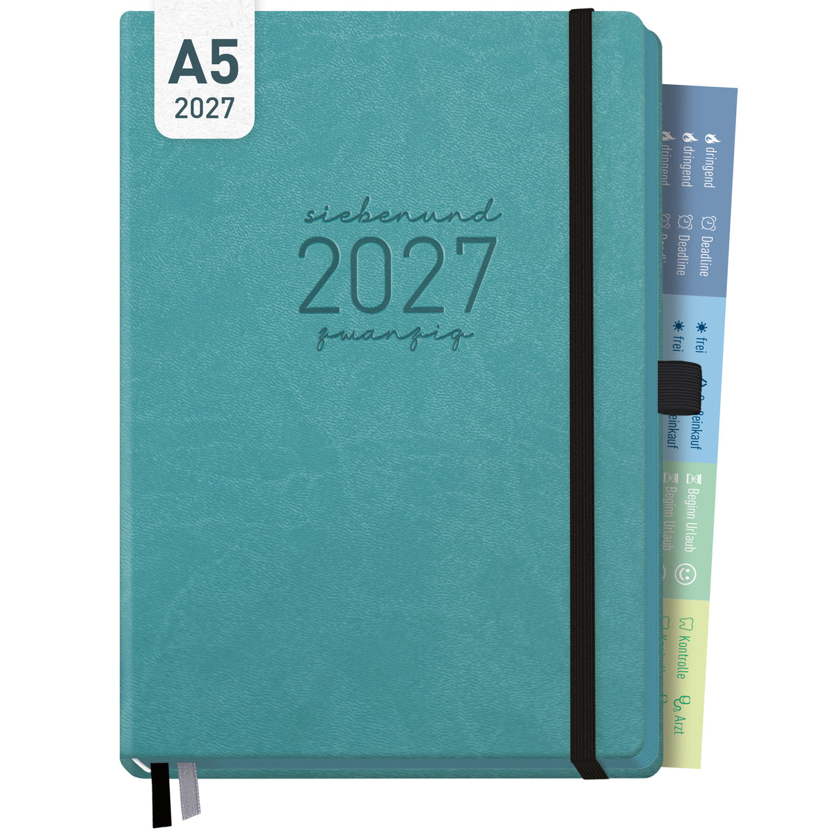 Coveransicht von Häfft Chäff-Timer Deluxe Kalender 2027 A5 Wochenplaner im Motiv „Hellpetrol“.