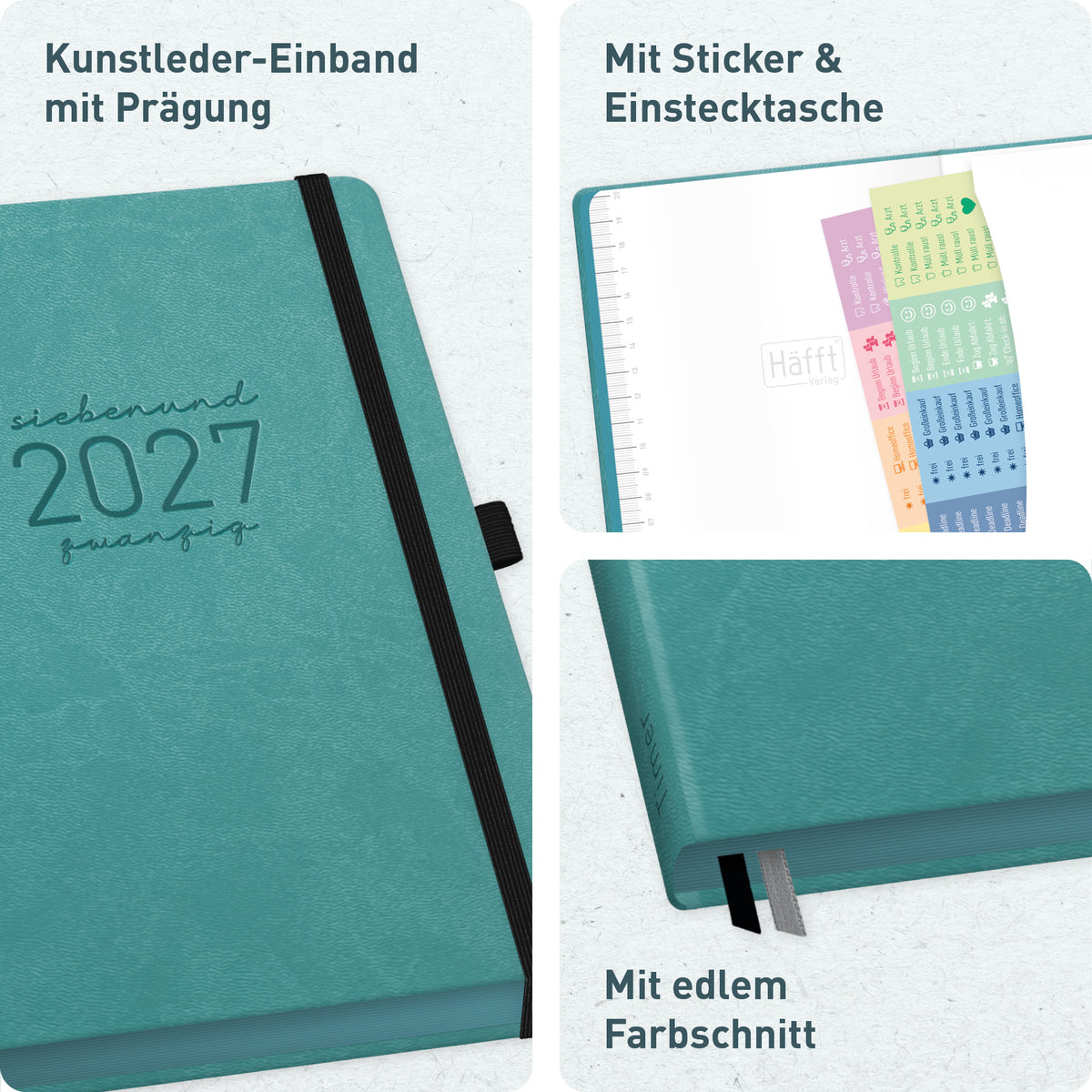Deluxe-Einband & Ausstattung von Häfft Chäff-Timer Deluxe Kalender 2027 A5 Wochenplaner im Motiv „Hellpetrol“.
