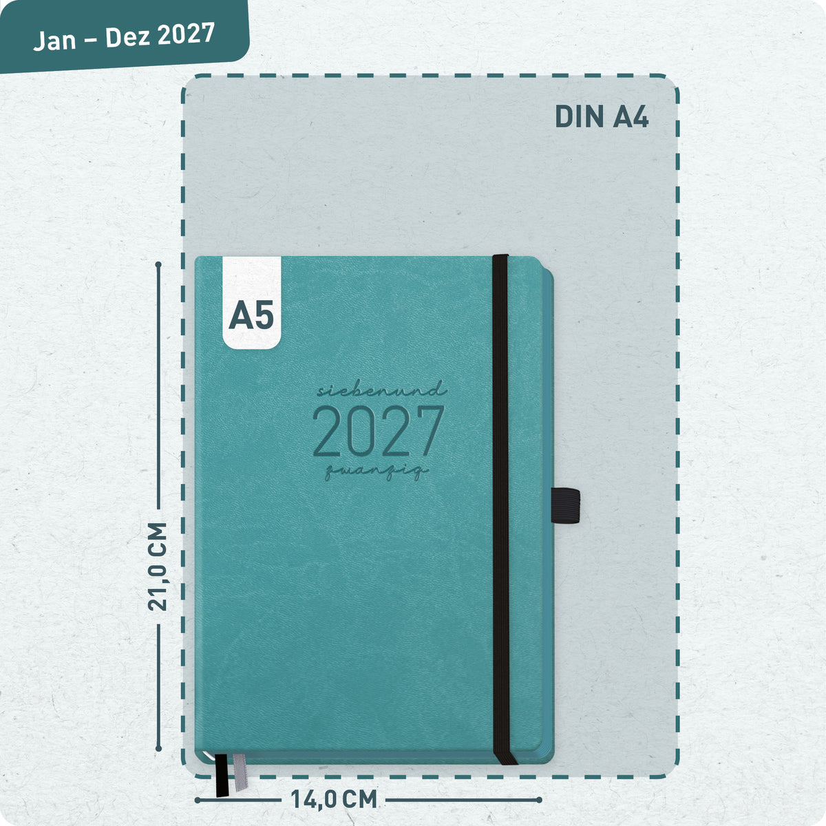 Format- und Größenansicht von Häfft Chäff-Timer Deluxe Kalender 2027 A5 Wochenplaner im Motiv „Hellpetrol“.