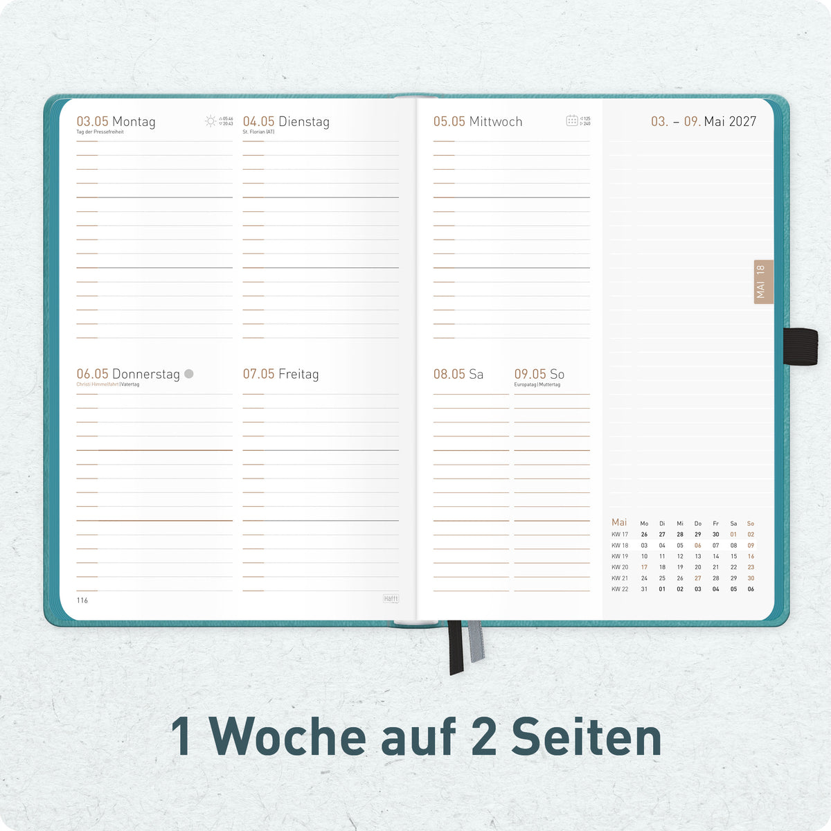Innenansicht von Häfft Chäff-Timer Deluxe Kalender 2027 A5 Wochenplaner im Motiv „Hellpetrol“ mit einer Woche auf zwei Seiten.