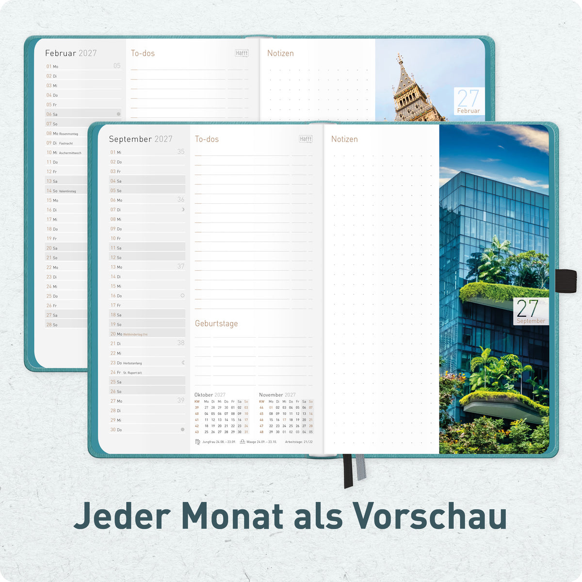 Innenansicht von Häfft Chäff-Timer Deluxe Kalender 2027 A5 Wochenplaner im Motiv „Hellpetrol“ mit Monatsübersicht.