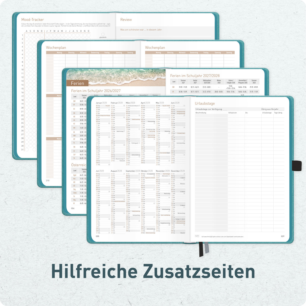 Zusatzseiten von Häfft Chäff-Timer Deluxe Kalender 2027 A5 Wochenplaner im Motiv „Hellpetrol“.