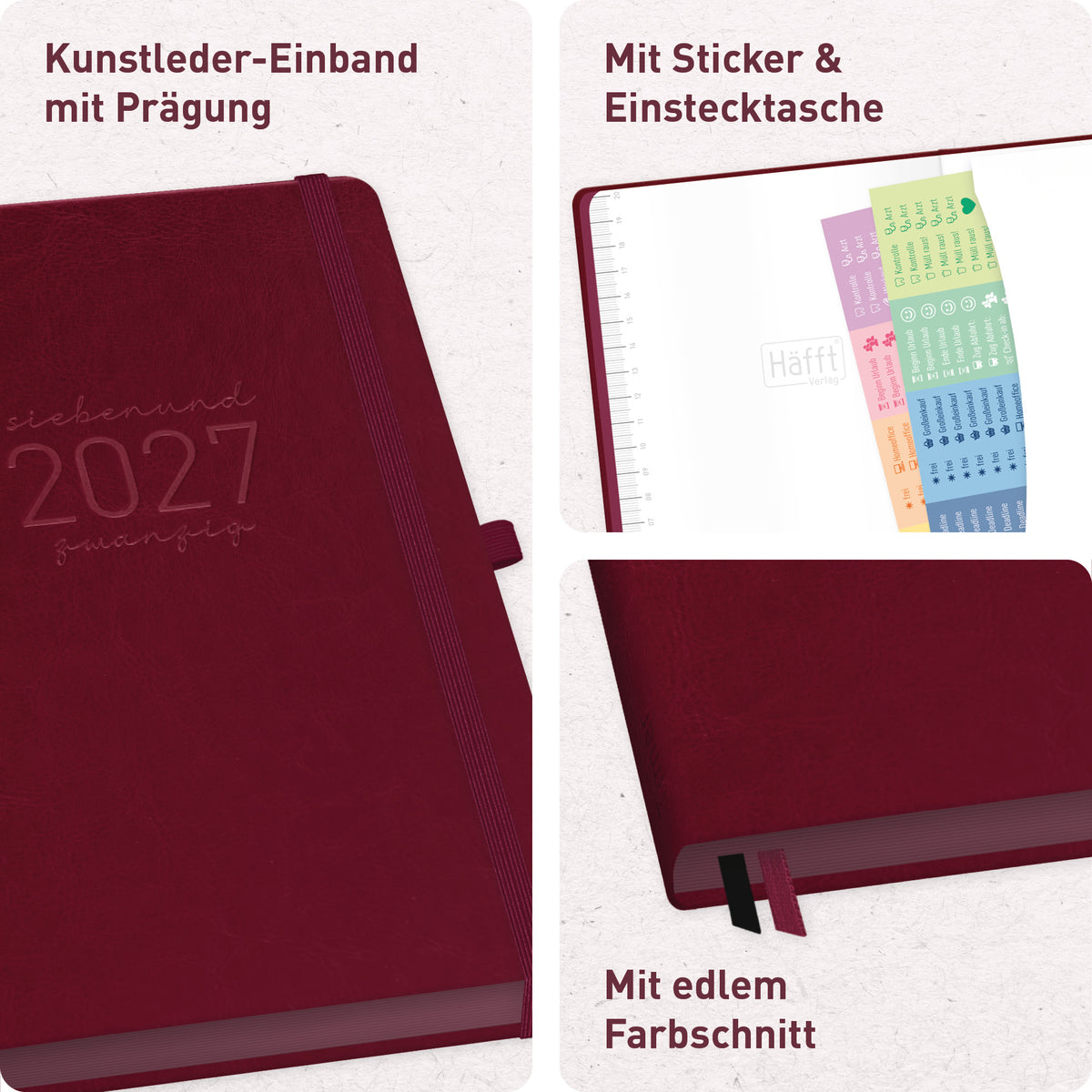 Deluxe-Einband & Ausstattung von Häfft Chäff-Timer Deluxe Kalender 2027 A5 Wochenplaner im Motiv „Berry“.