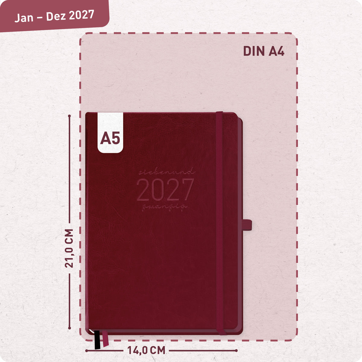 Format- und Größenansicht von Häfft Chäff-Timer Deluxe Kalender 2027 A5 Wochenplaner im Motiv „Berry“.