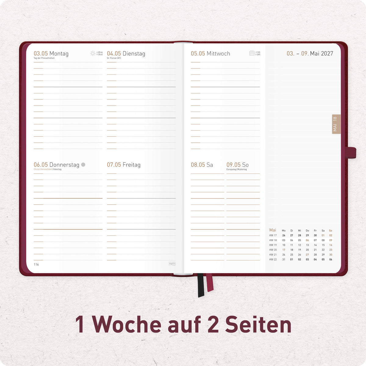 Innenansicht von Häfft Chäff-Timer Deluxe Kalender 2027 A5 Wochenplaner im Motiv „Berry“ mit einer Woche auf zwei Seiten.