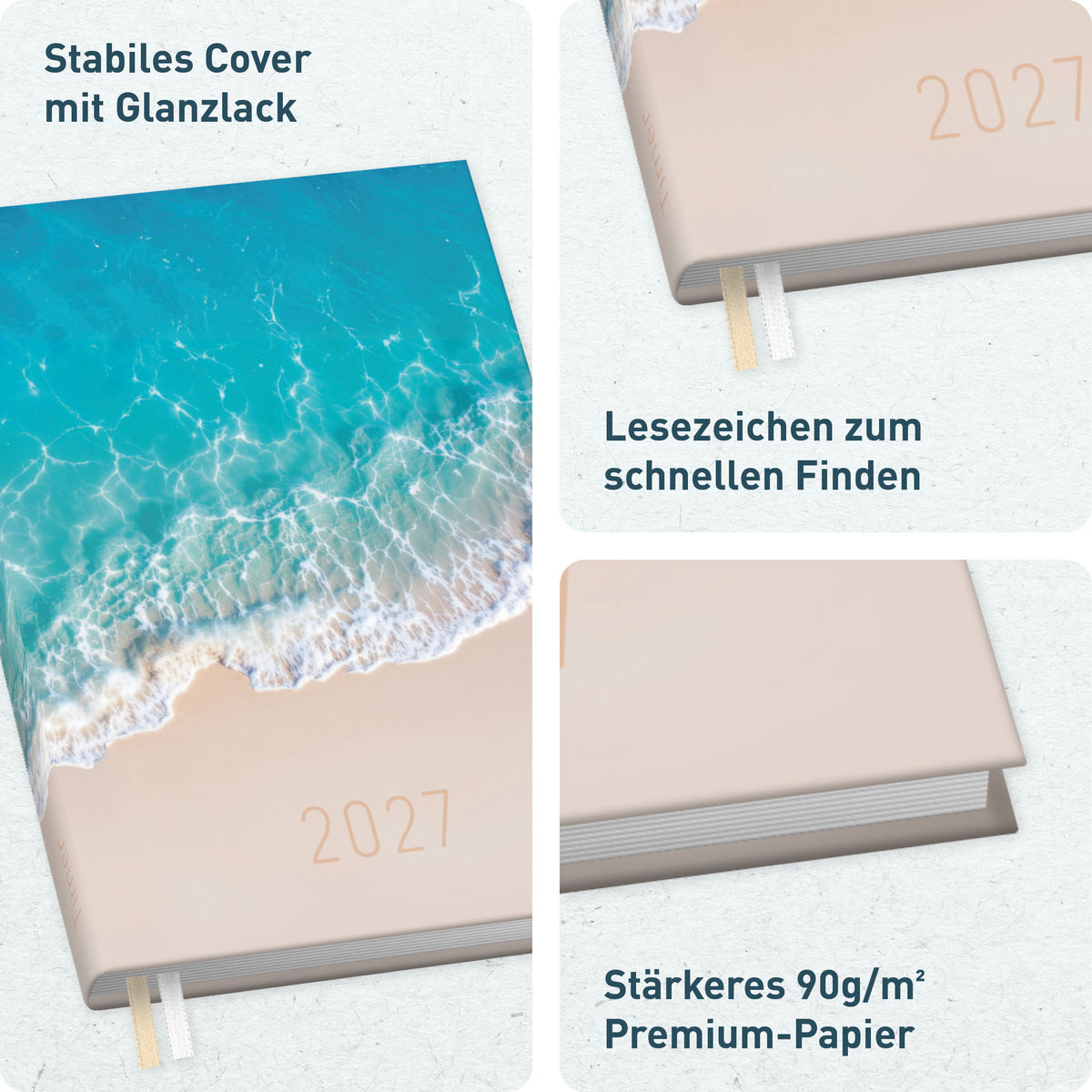 Kompakte Ausstattung von Häfft Chäff-Timer Mini Kalender 2027 A6+ im Motiv „Summer Beach“.