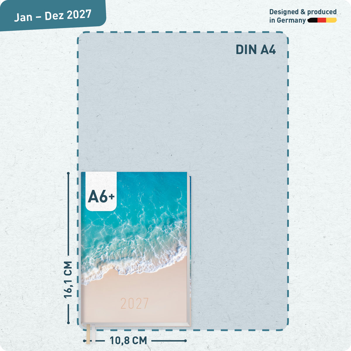 Format- und Größenansicht von Häfft Chäff-Timer Mini Kalender 2027 A6+ im Motiv „Summer Beach“.
