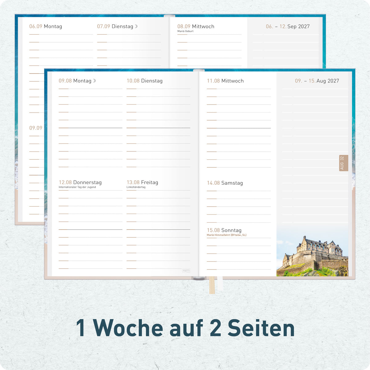 Innenansicht von Häfft Chäff-Timer Mini Kalender 2027 A6+ im Motiv „Summer Beach“ mit einer Woche auf zwei Seiten.