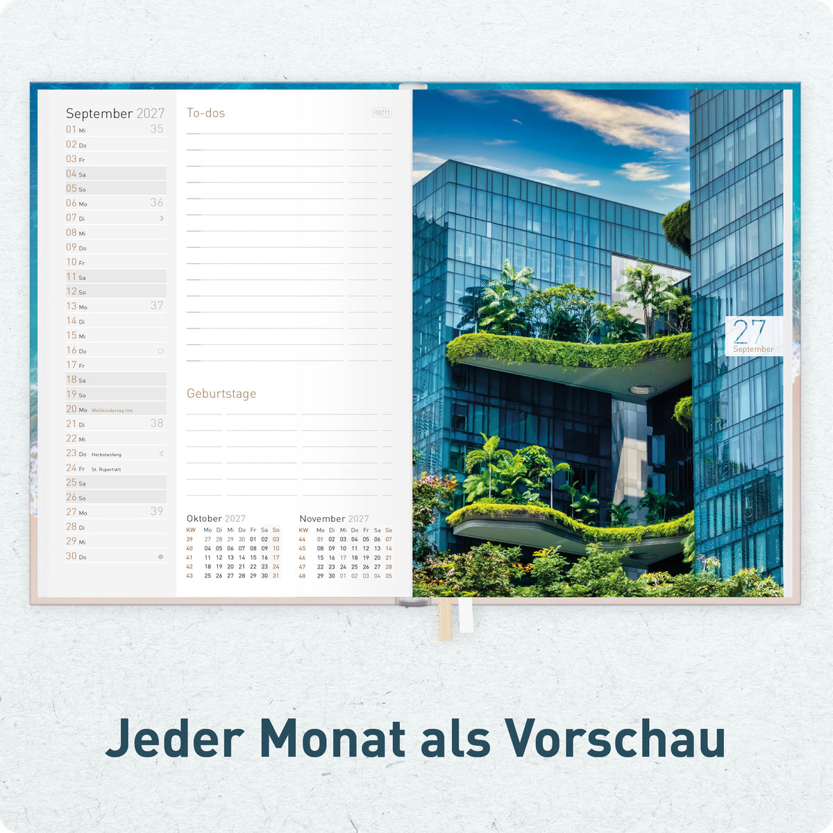 Innenansicht von Häfft Chäff-Timer Mini Kalender 2027 A6+ im Motiv „Summer Beach“ mit Monatsübersicht.
