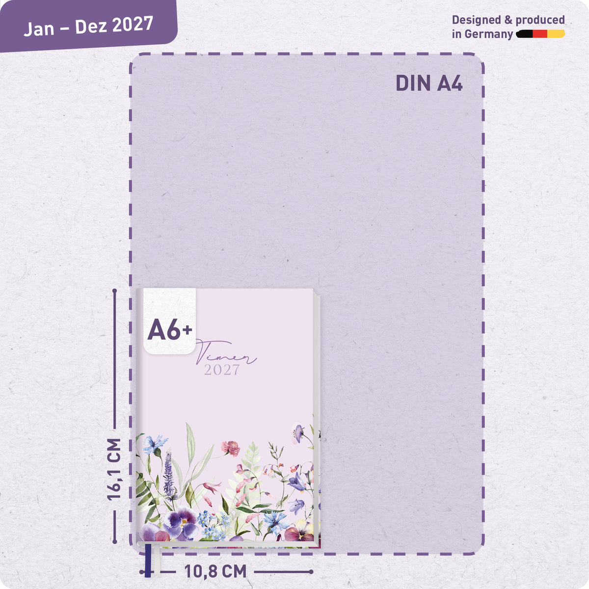 Format- und Größenansicht von Häfft Chäff-Timer Mini Kalender 2027 A6+ im Motiv „Blütentraum“.