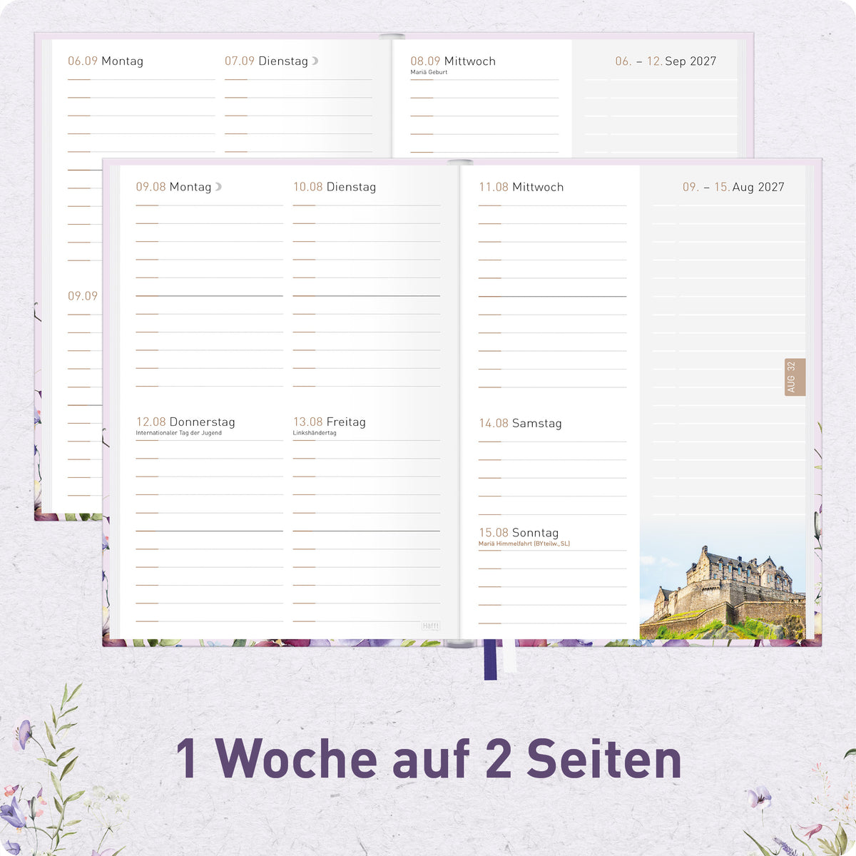 Innenansicht von Häfft Chäff-Timer Mini Kalender 2027 A6+ im Motiv „Blütentraum“ mit einer Woche auf zwei Seiten.