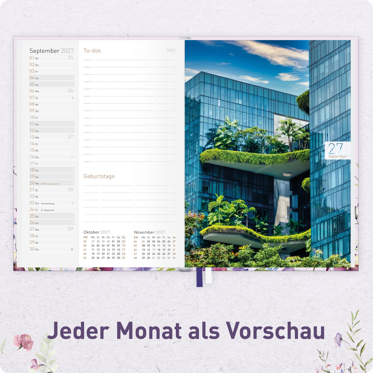 Innenansicht von Häfft Chäff-Timer Mini Kalender 2027 A6+ im Motiv „Blütentraum“ mit Monatsübersicht.
