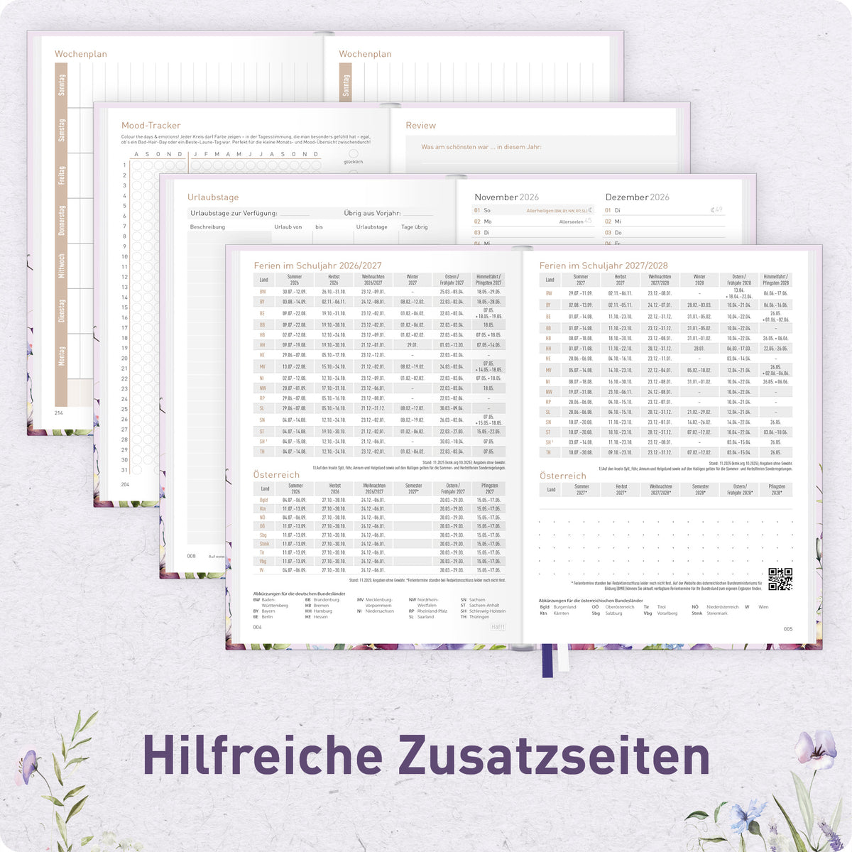 Zusatzseiten von Häfft Chäff-Timer Mini Kalender 2027 A6+ im Motiv „Blütentraum“.